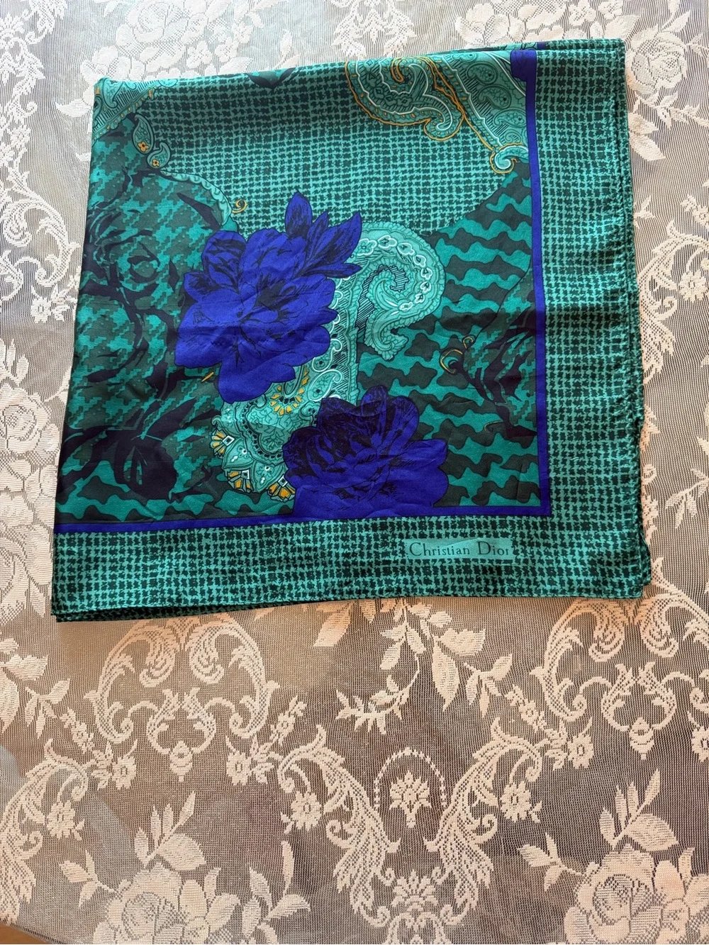 Vintage Dior Green and Blue Floral Paisley Silk Scarf